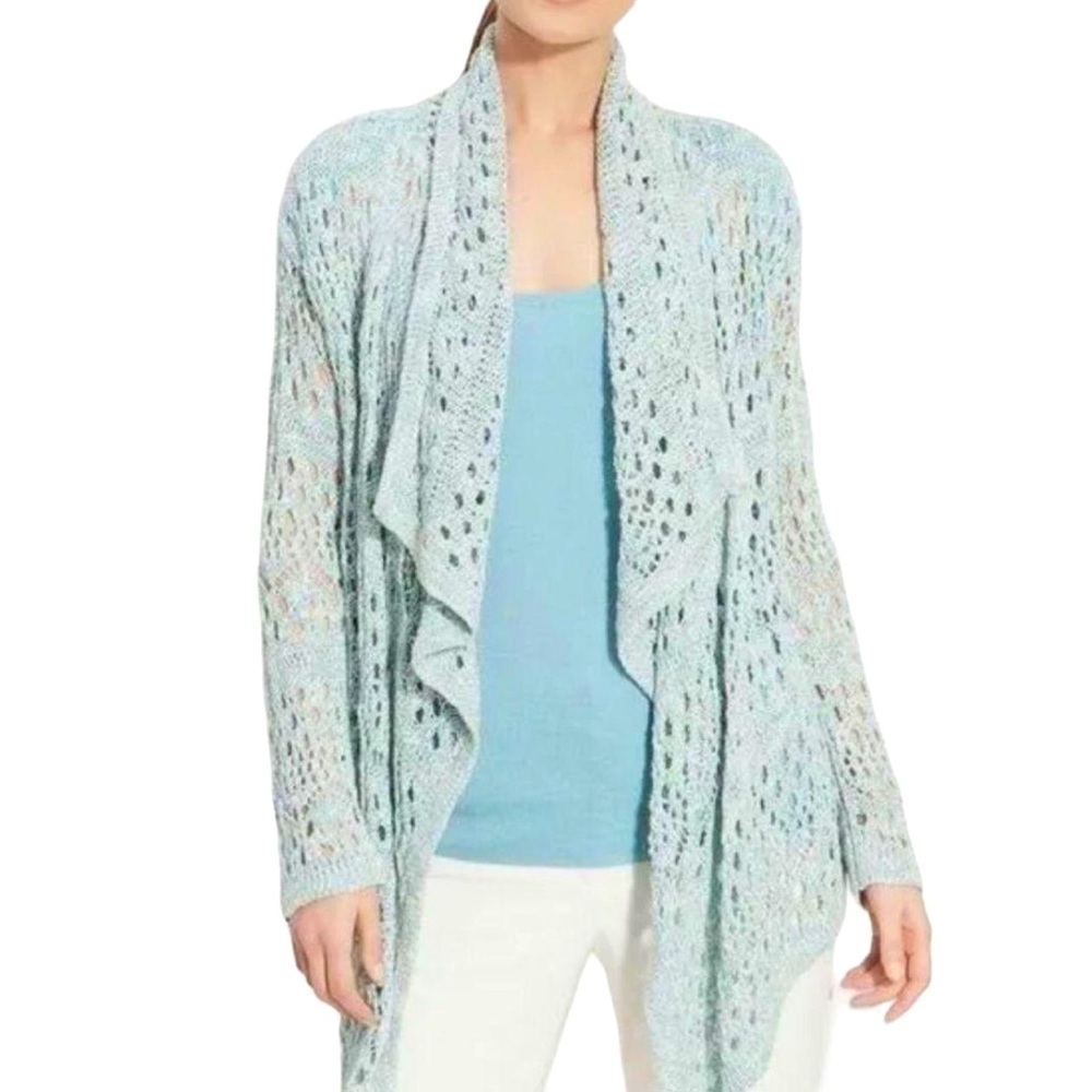 St. John Crochet Knit Open Front Cardigan Pale Blue Sz Small Coastal Grandma